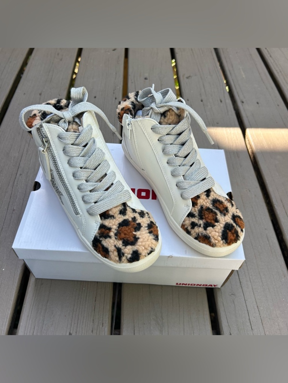Unionbay EMMA White Leopard Faux Fur Hi-Top Sneakers | NEW in Box Size 8